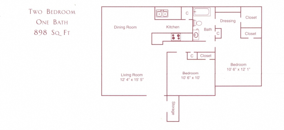 Floor plan for 2 beds, 1 bath, 898 sqft